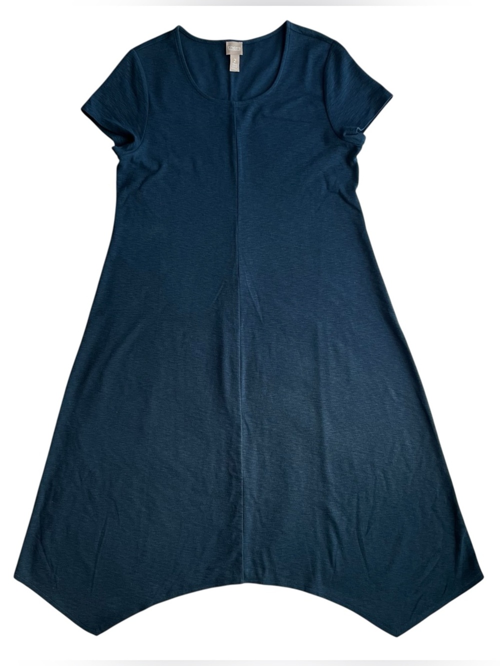 Chico’s Navy Blue Slub Knit Midi Dress Size 2 Shark Bite Handkerchief Hem Boho